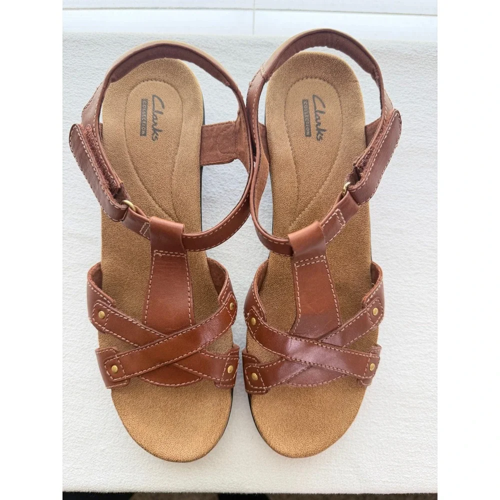 Clarks Collection Hayla Flute Brown Strappy Wedge Hook & Loop Sandals Womens 10M